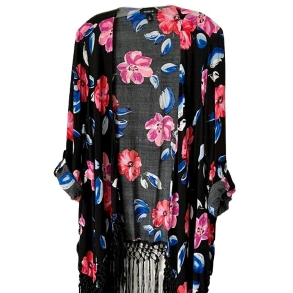 Torrid Open Floral Fringed Cardigan Roll Tab Sleeves - 2X - Picture 3 of 11